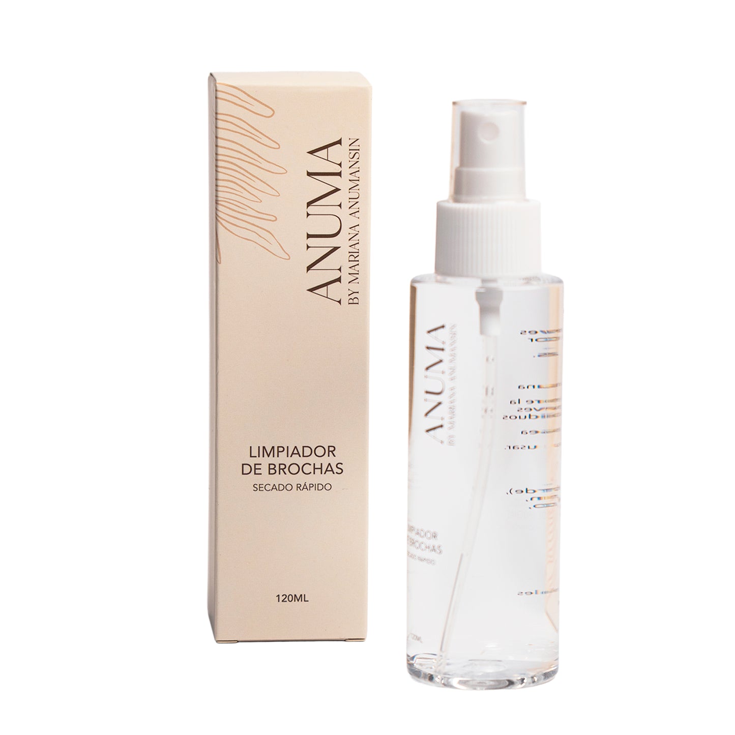 Limpiador de brochas en seco Anumamakeup de 120ml junto a su empaque